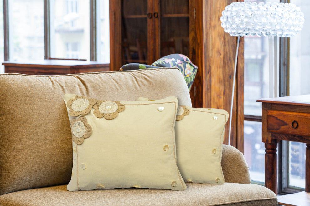 Beige Three-Flower Handwork Throw Pillow