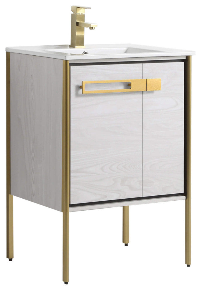 Oakville Bath Vanity, Ceramic Sink, Mild Grey Oak, 24 Inch, Satin Brass Hardware