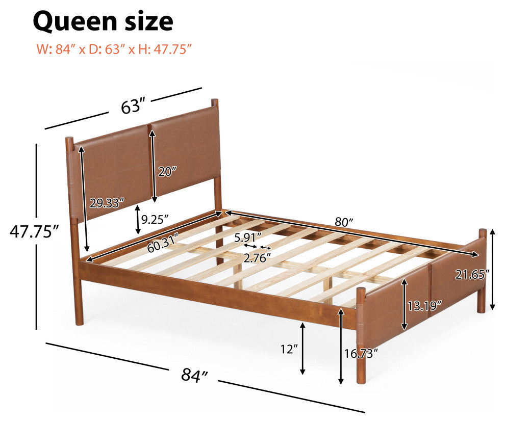 GDF Studio Queen Platform Bed With Upholstered PU Headboard & Wood Frame, Brown