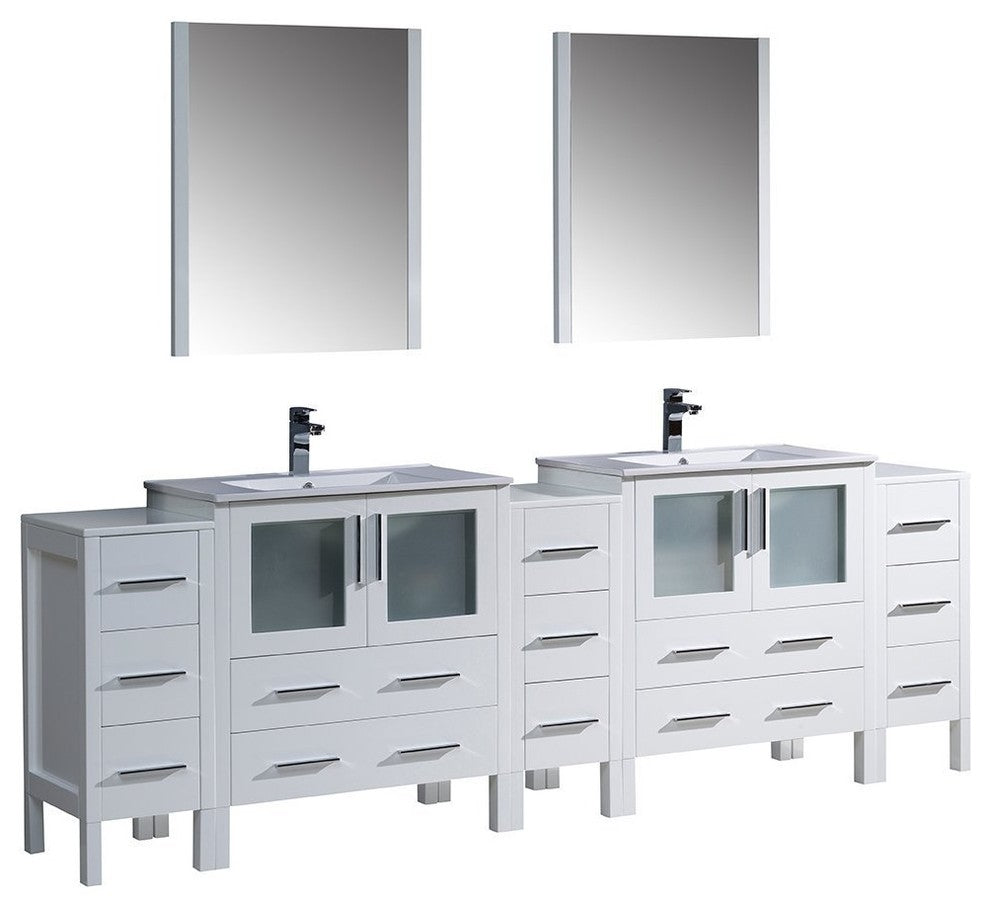 Torino 96" White Modern Double Sink Bathroom Vanity, Faucet FFT9151BN