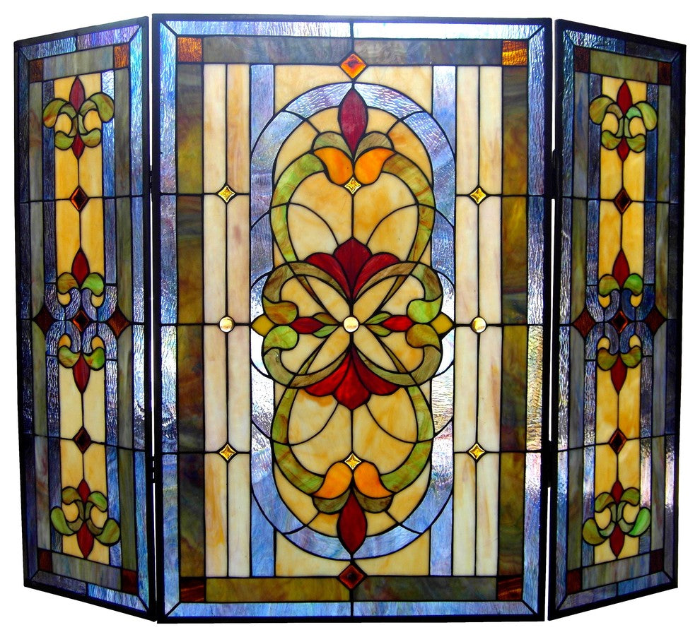 Chloe-Lighting Tiffany-Glass 3-Piece Folding Victorian Fireplace Screen
