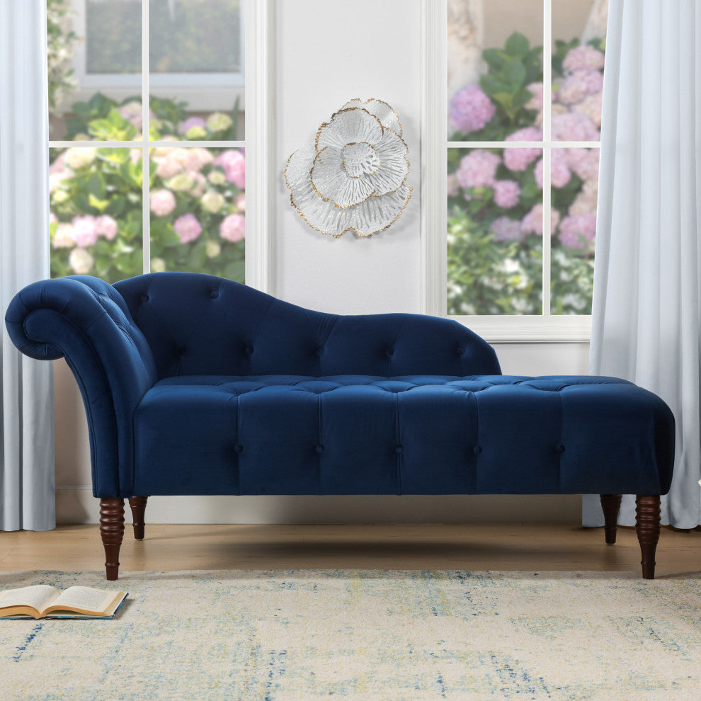 Velvet Tufted Roll Back Chaise Lounge, Navy Blue, RAF