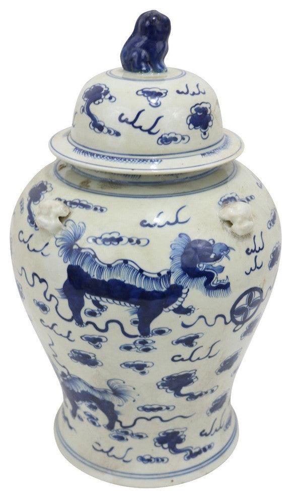 Vintage Style Blue and White Chinese Porcelain Temple Jar Foo Dog Motif 18"