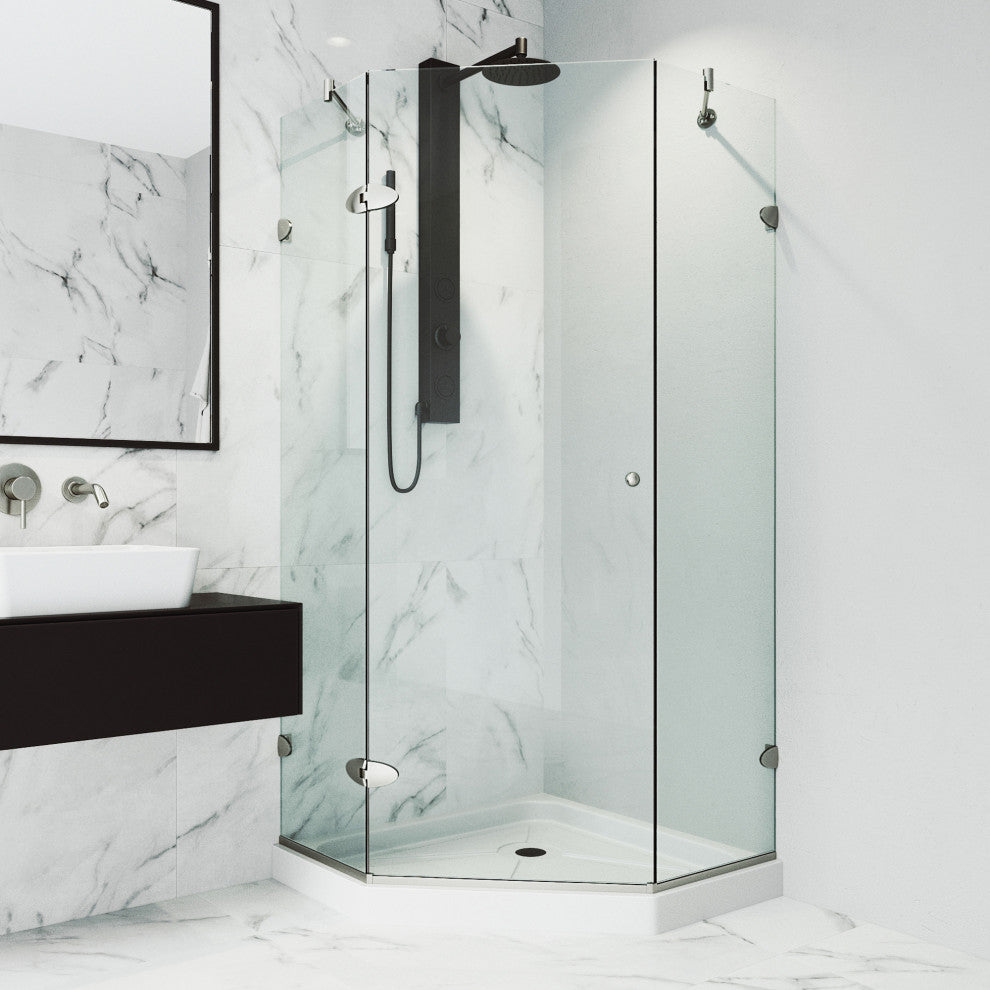 VIGO Verona Frameless Hinged Neo-Angle Shower Enclosure, Brushed Nickel, 40" D X 40" W, Low Base