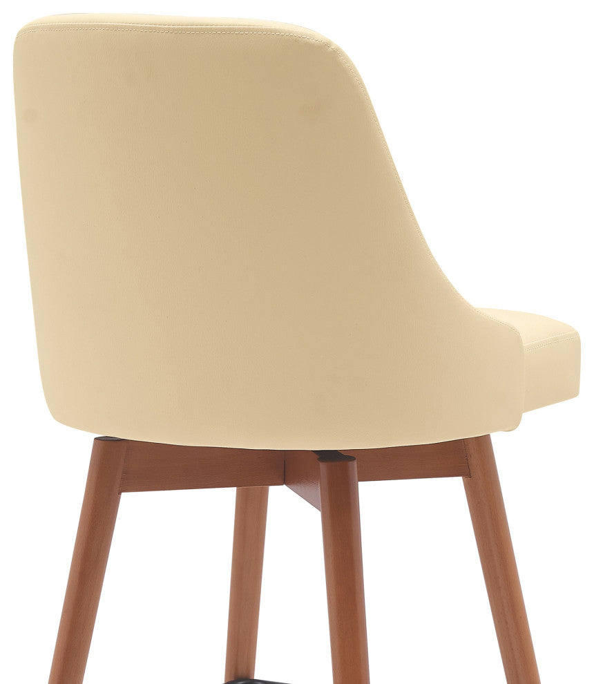 Sicily Swivel Walnut Wood Stool, Cream Faux Leather, 26"
