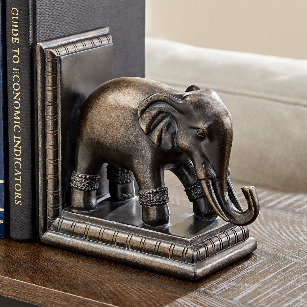 Danya B. Ornate Elephants Polyresin Bronze Patina Finish Bookend Set of 2