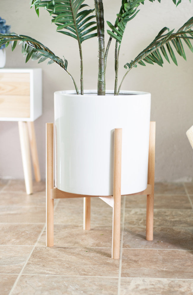 Mid Century Large Planter Ceramic Cylinder Pot 13" White With Plant Stand
