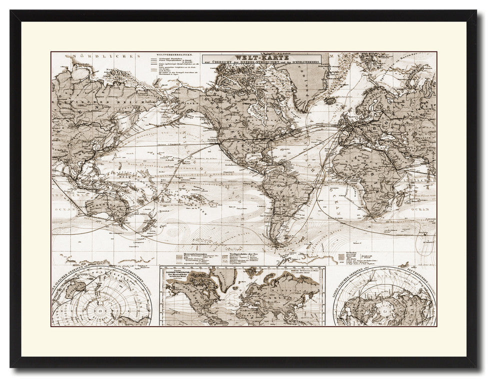 World Ocean Currents Vintage Sepia Map Canvas Print, 28"x37"