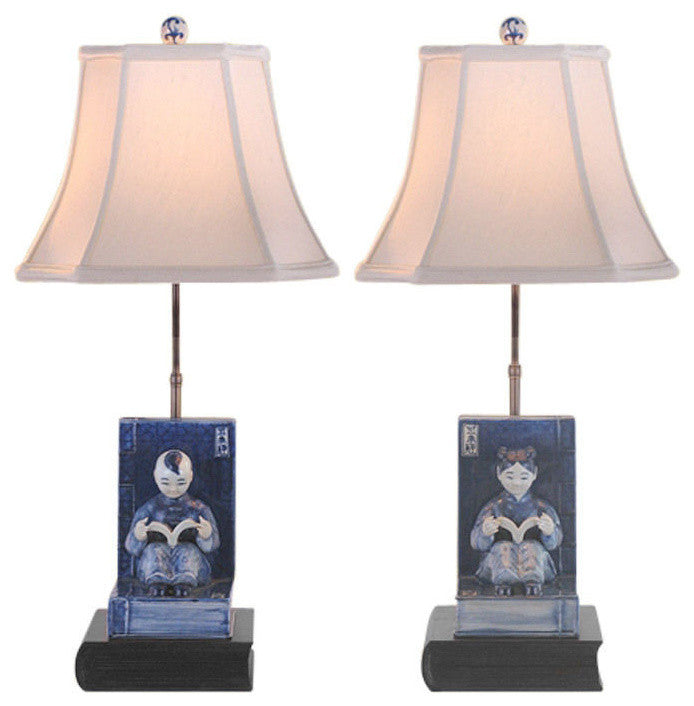 Set of 2, Blue and White Boy and Girl Bookend Porcelain Table Lamp 24"