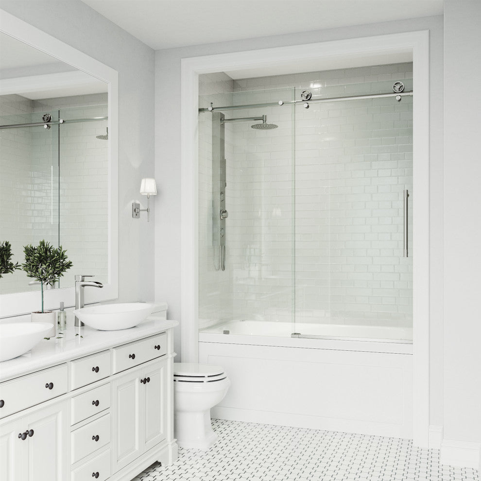 VIGO Elan Cass Aerodynamic 56" to 60" W x 66" H Frameless Sliding Tub Door, Stainless Steel, Clear Glass