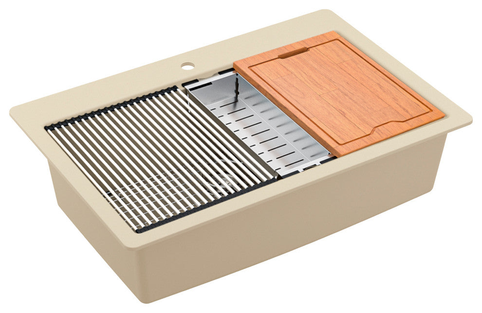 Karran Top Mount 33" Single Bowl Quartz Workstation Kitchen Sink, Bisque