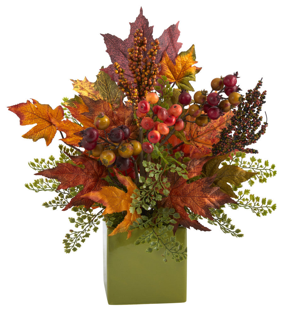 17" Maple Leaf, Berries and Maiden Hair Artificial Arrangement, Green Vase