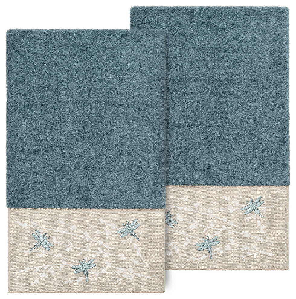 Linum Home Turkish Cotton Braelyn 2-Piece Embellished Bath Towel Set, Teal