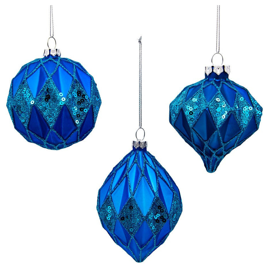 Kurt Adler 80MM Glittered, Sequin Blue Ball, Finial and Onion, 3 Piece Set