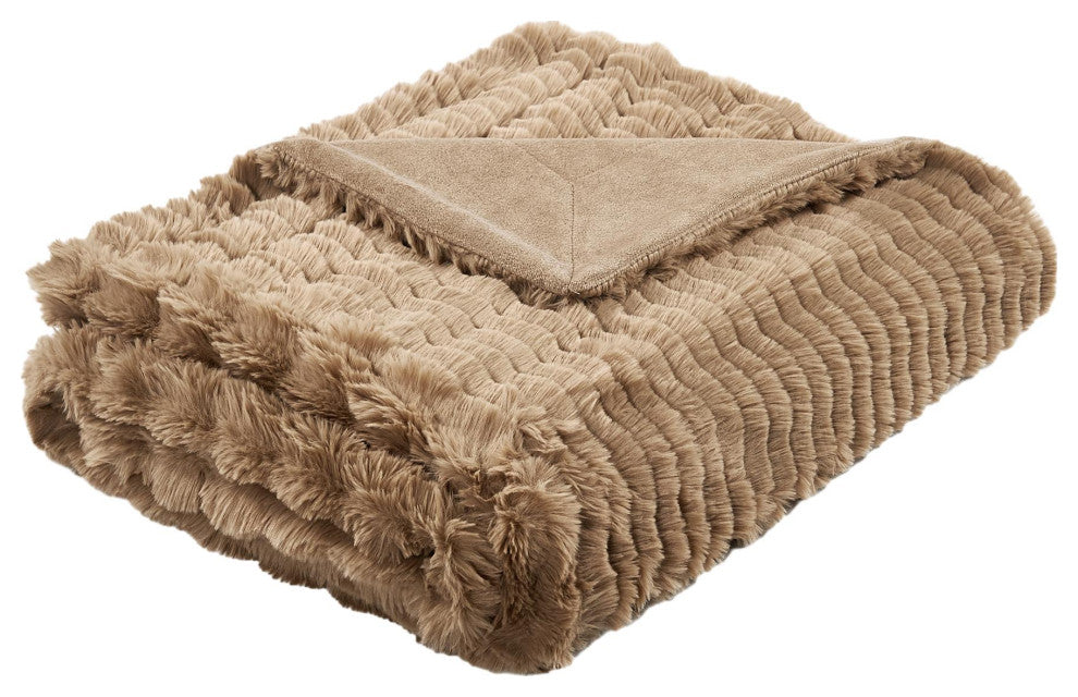 Wavy Faux Fur Throw Blanket, Tan