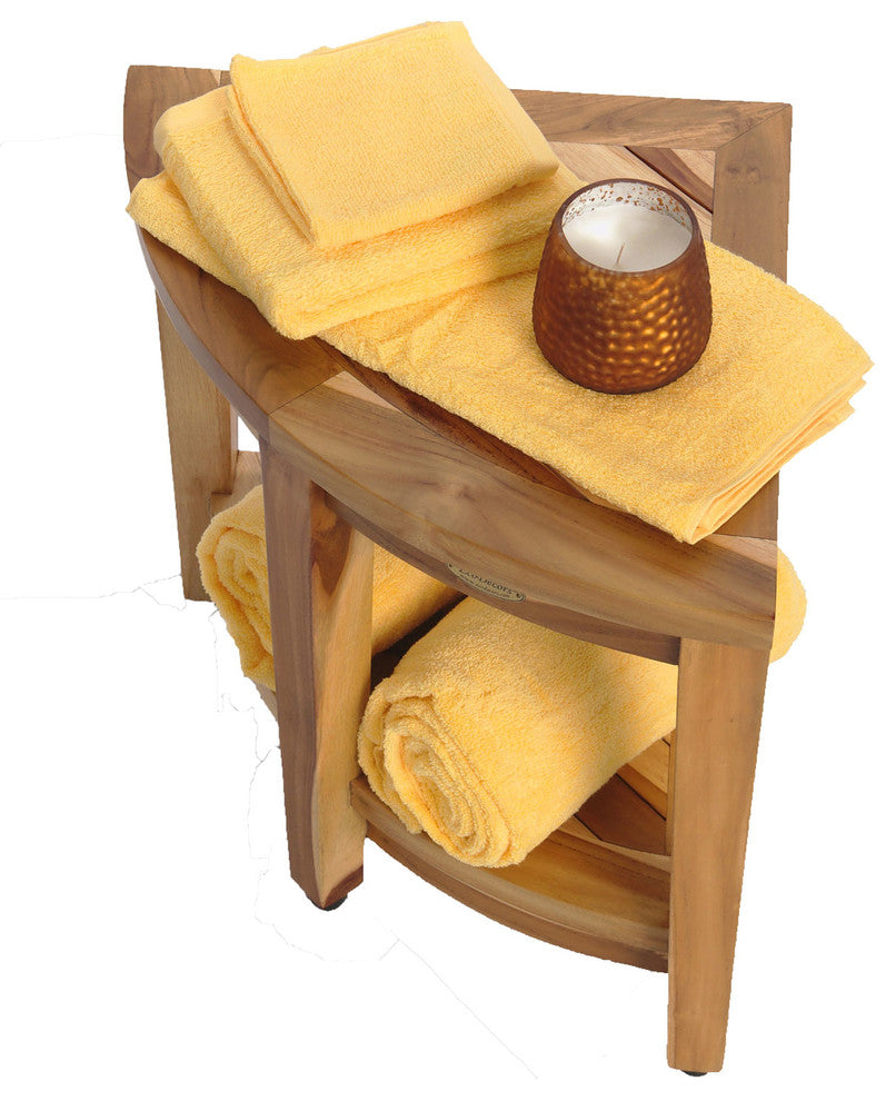 Ecodecors Earthyteak Corner Teak Shower Stool, 16"x16"x18", With Shelf