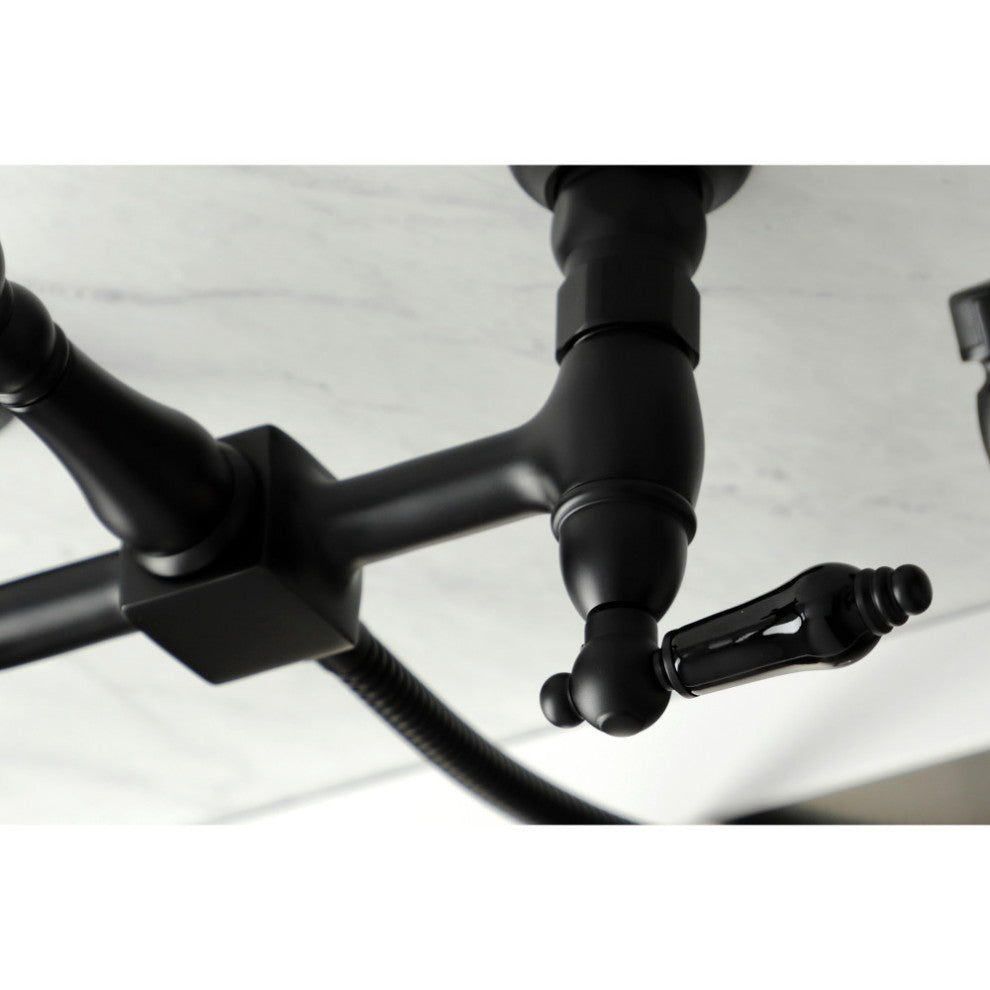 KS1260PKLBS Wall Mount Bridge Kitchen Faucet With Brass Sprayer, Matte Black