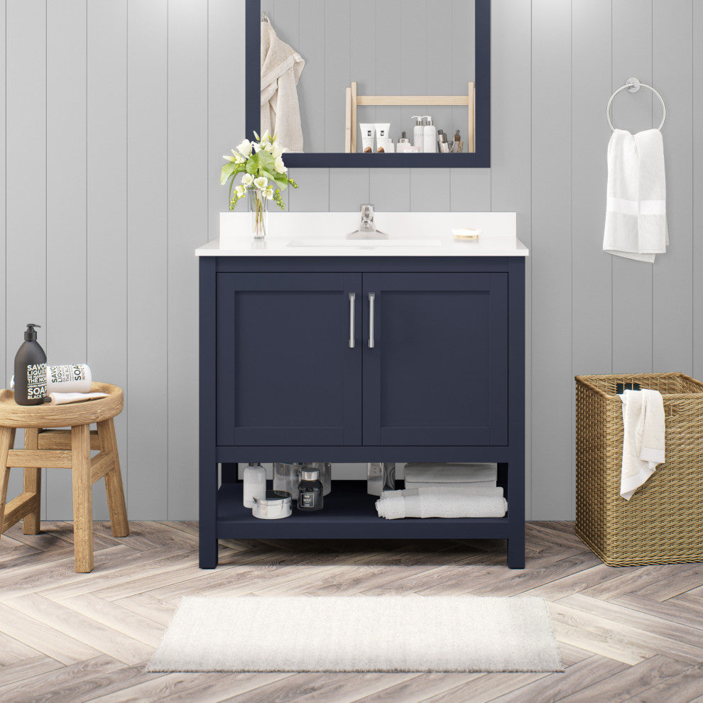 Ove Decors Vegas Single Sink Bathroom Vanity Set With Countertop, White, Midnight Blue, 36"