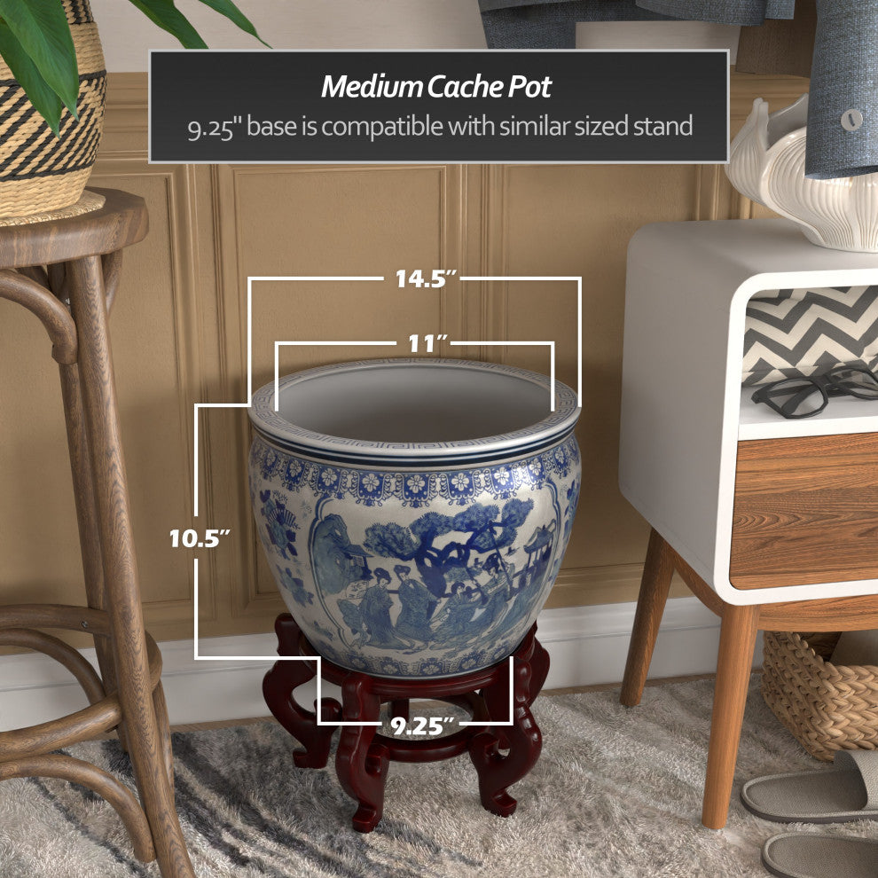 14" Ladies Blue and White Porcelain Fishbowl