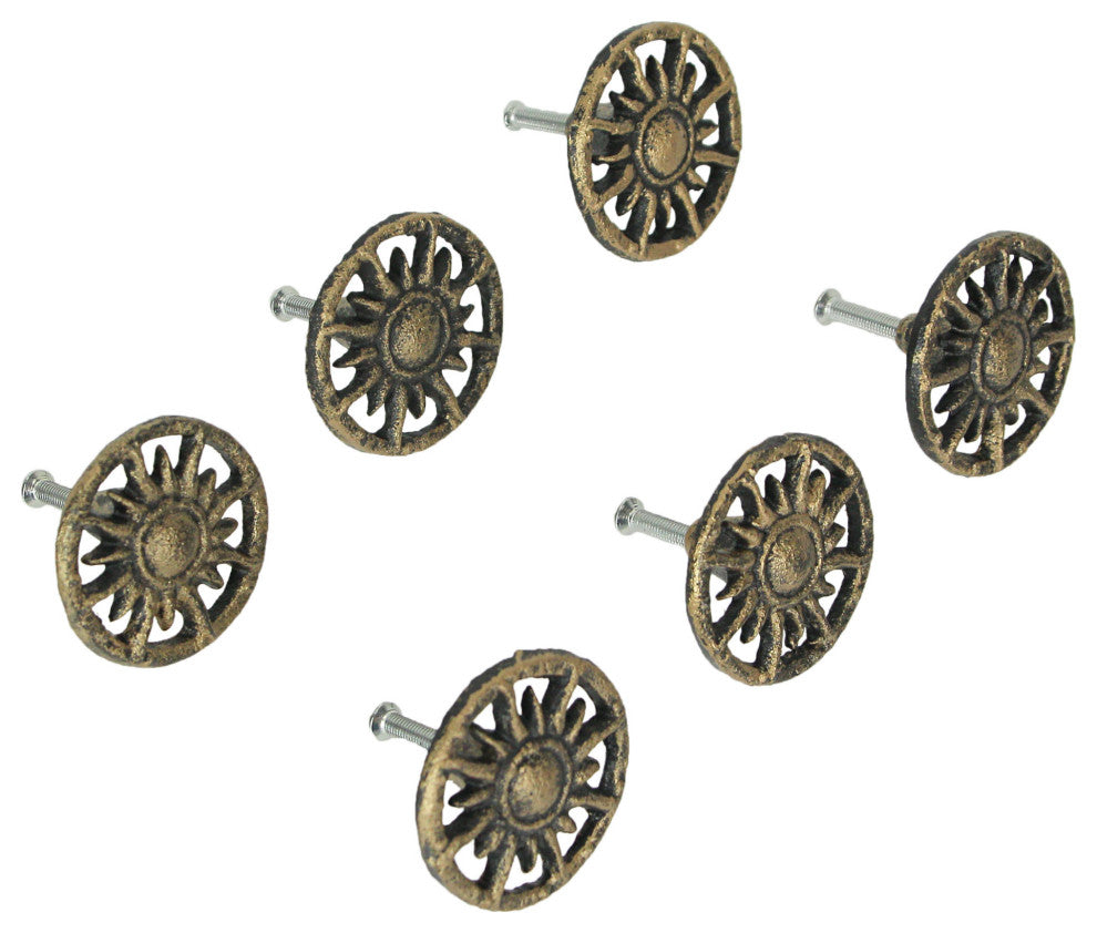 Set of 6 Antique Golden Sun Cast Iron Drawer Pulls Cabinet Knob Home Decor