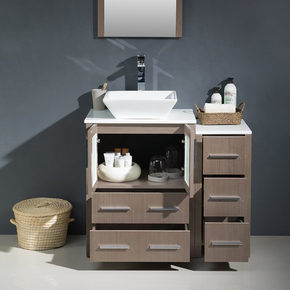 Torino 36" Gray Oak Modern Bathroom Vanity With Side Cabinet, FFT3072BN