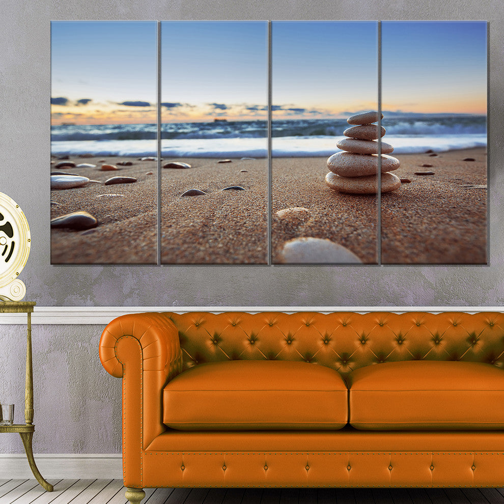 Stones Balance on Sandy Beach, Seashore Canvas Art Print, 48"x28", 4 Panels