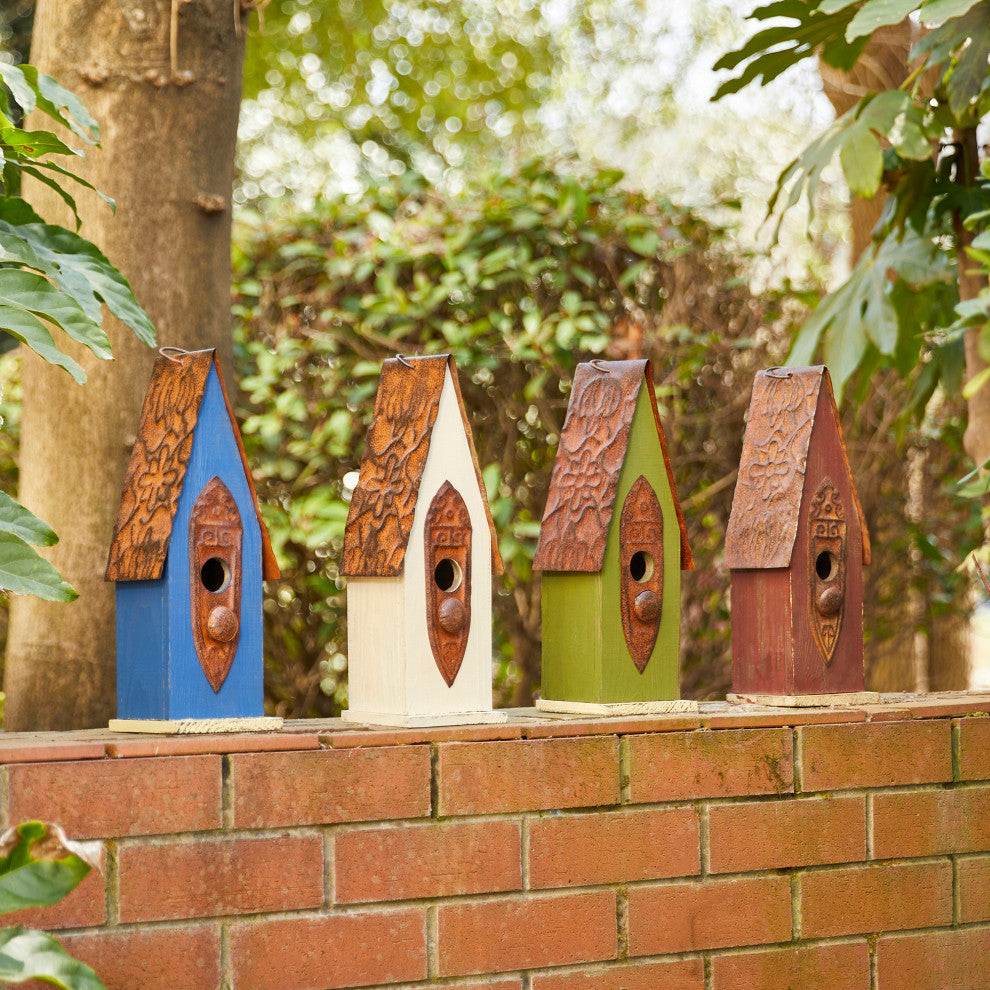 Rustic Garden Distressed Wooden Birdhouse, Retro Red