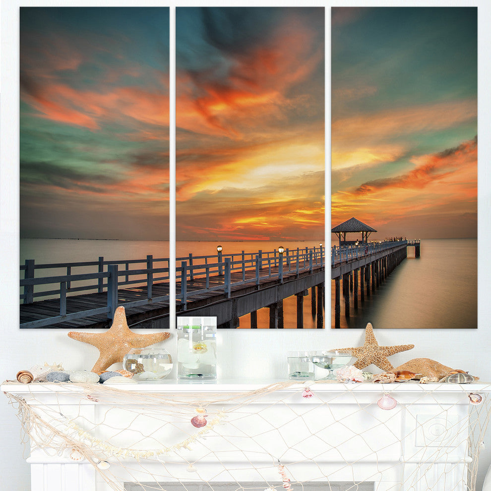 "Colorful Sky and Long Wooden Pier" Sea Pier Metal Wall Art, 3 Panels, 36"x28"
