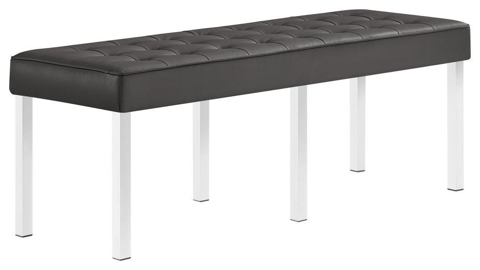 Loft Tufted Large Upholstered Faux Leather Bench Silver Gray