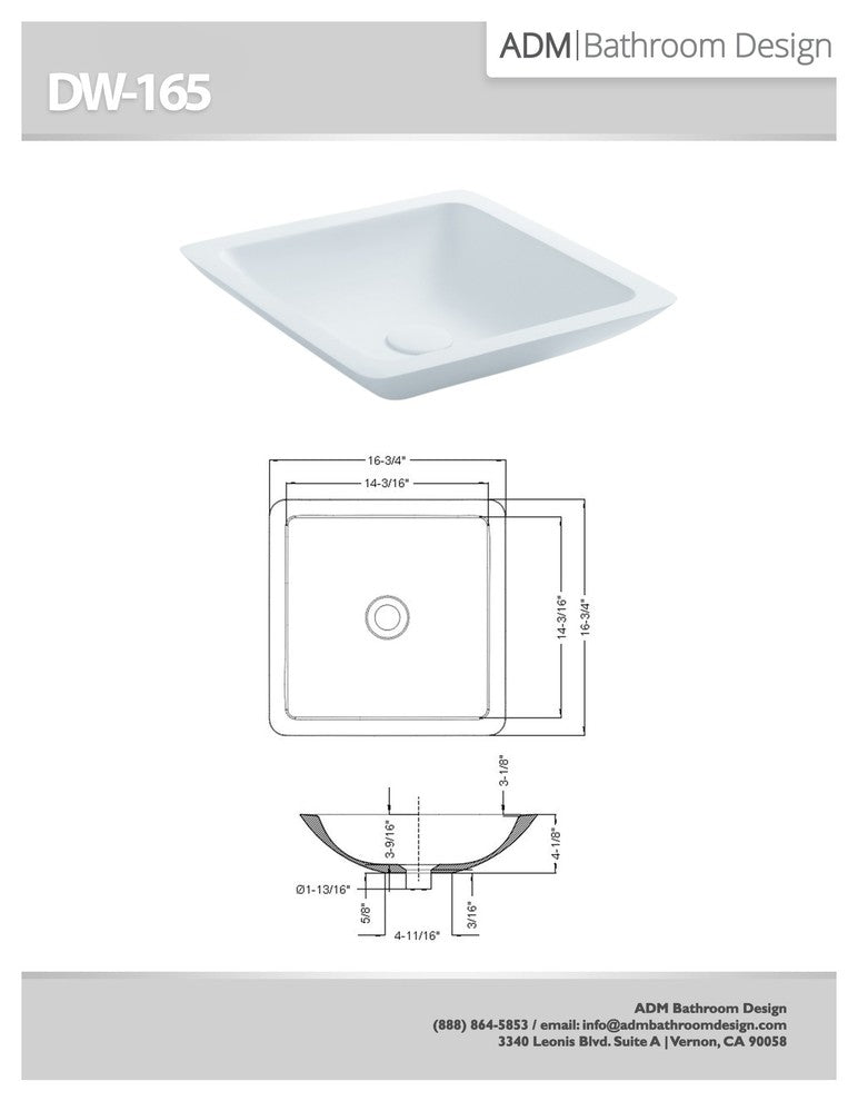 ADM Square Countertop Sink, White, 17", Glossy White