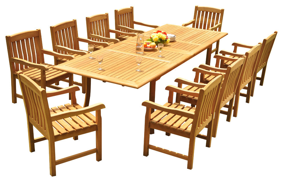 11-Piece Teak Dining Set, 117" Extension Rectangle Table, 10 Devon Arm Chairs