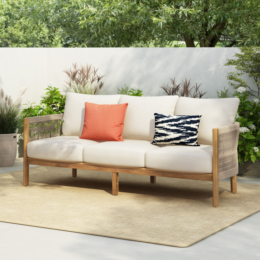 GDF Studio Outdoor 3-Seater Patio Acacia Wood Sofa, Teak/Beige