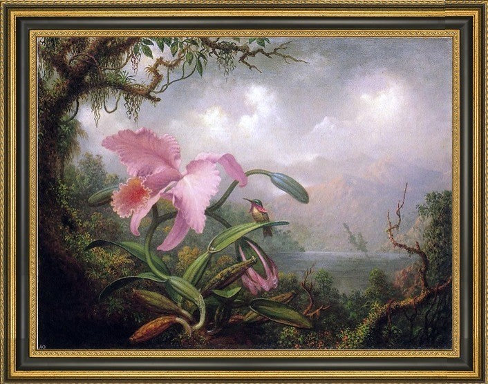 Martin Johnson Heade Orchid and Hummingbird Framed Premium Canvas Print, 18"x24"