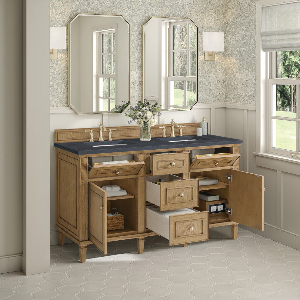 Lorelai 60" Double Vanity, Light Natural Oak, 3 CM Charcoal Soapstone Top