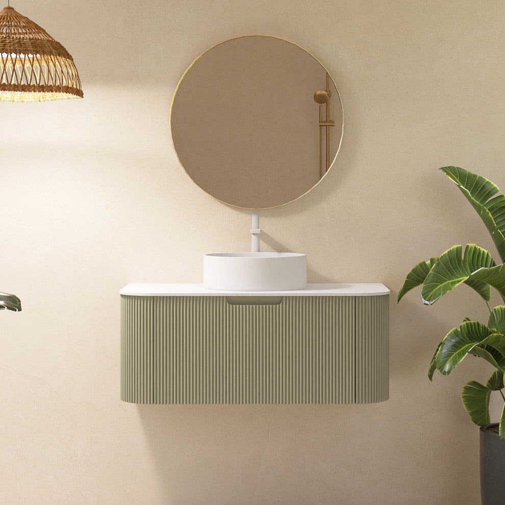 Wall-Mounted Bathroom Vanity With White Round Ceramic Basin, Light Green, 36"