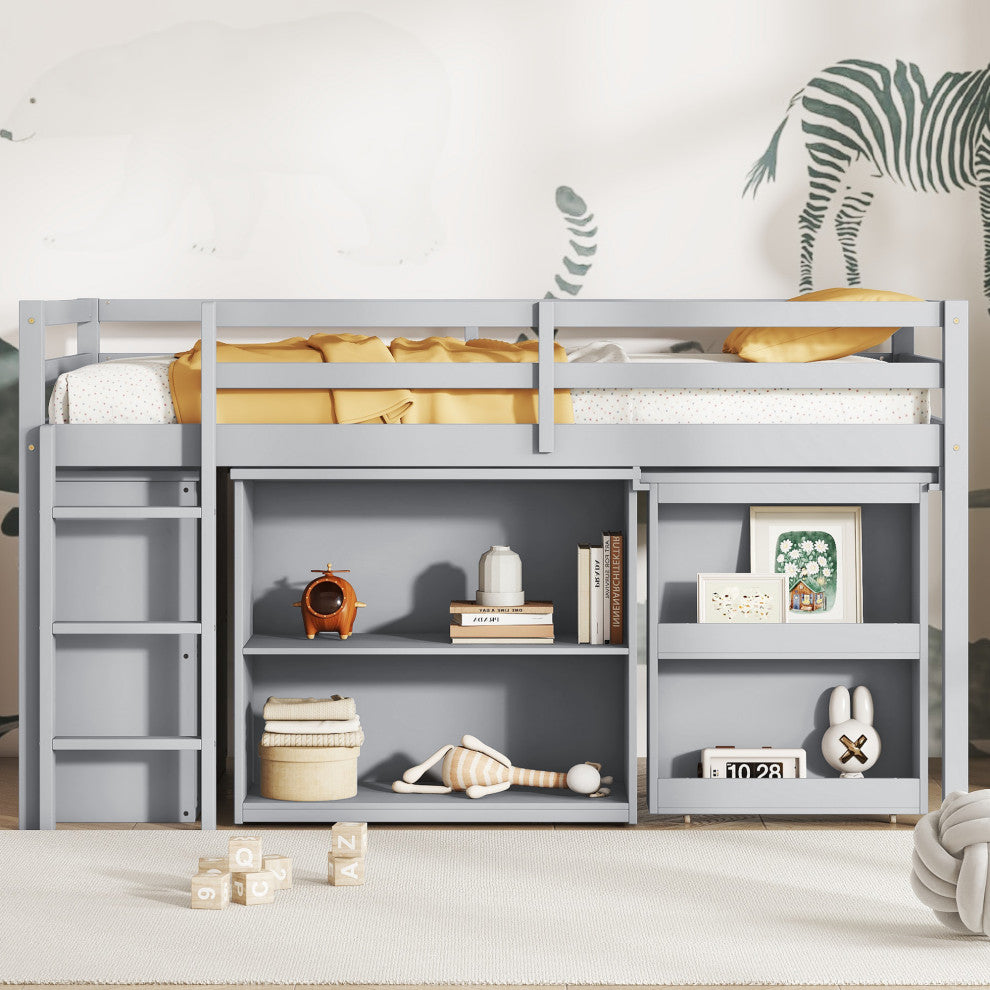 GDF Studio Wood Twin Loft Bed With Flexible Storage & Safety Guardrail, Gray