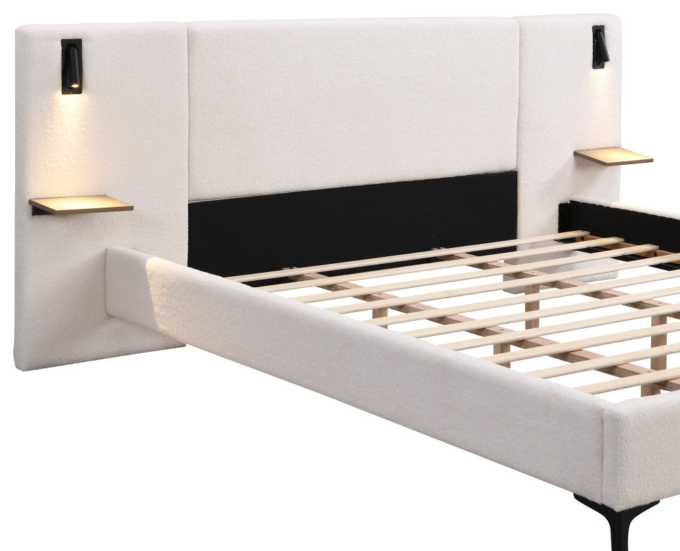 GDF Studio Modern Platform Bed, Built-in Lights & Shelves, White, King
