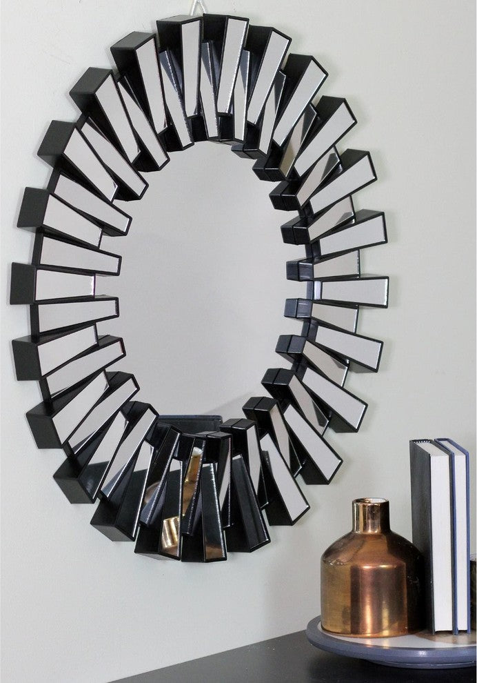 25.5" Aztec Inspired Black Decorative Round Wall Mirror
