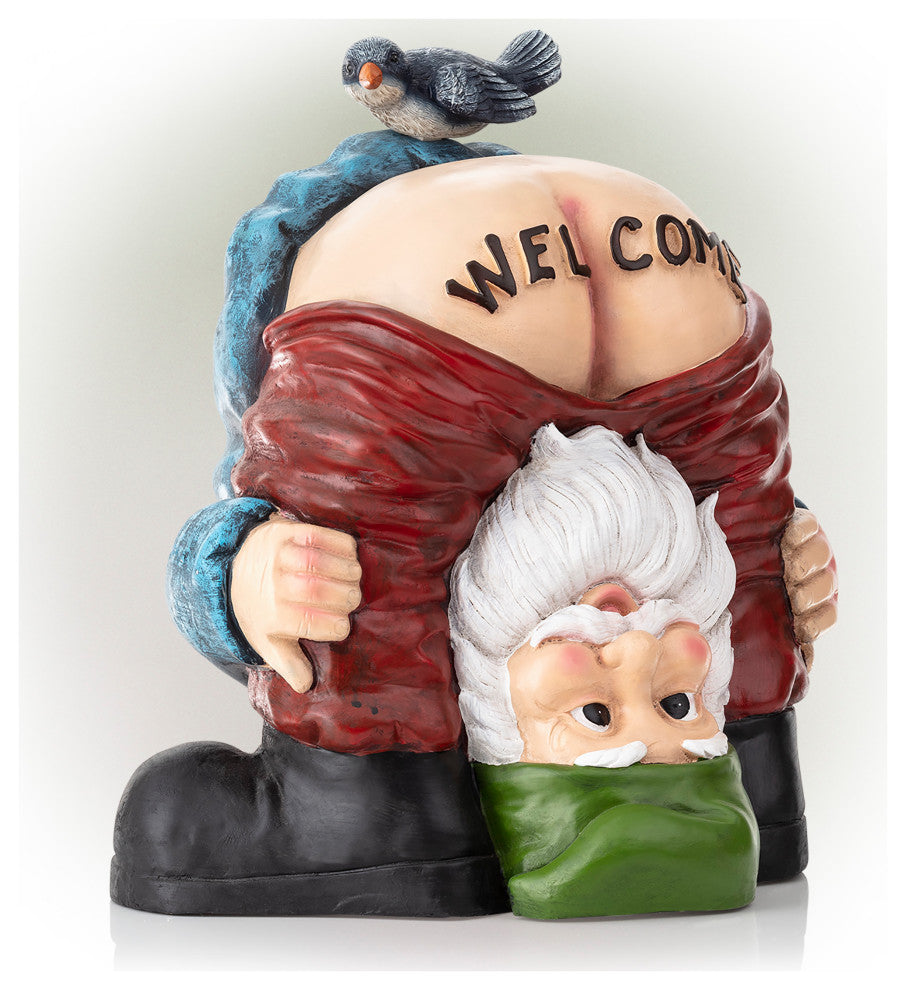 22" Tall Mooning "Welcome" Outdoor Garden Gnome with Bird Yard Statue Decoration