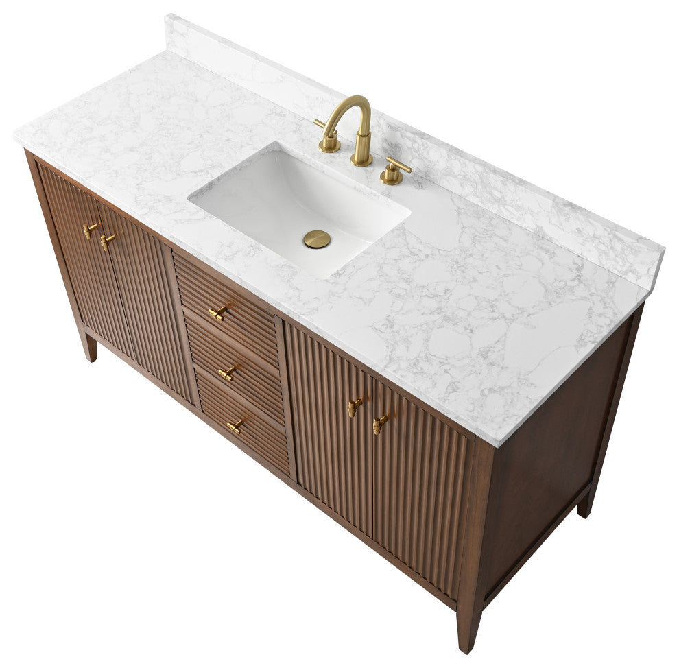 Vanity Art Freestanding Vanity, Walnut, 60", Single Sink, Golden Brushed
