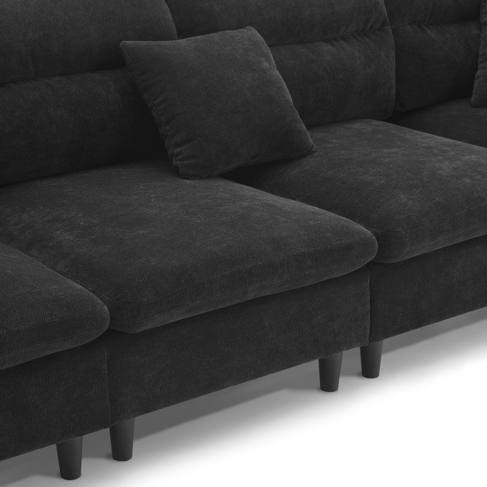 GDF Studio Modern Convertible L-Shaped Sectional Sofa With Ottoman, Black