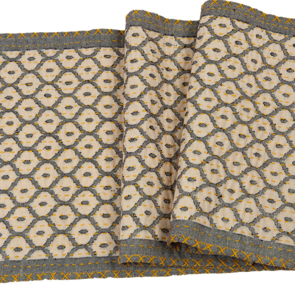 Artisan Hand Loomed Cotton Table Runner, Gray With Yellow Stitching, 18"x96"