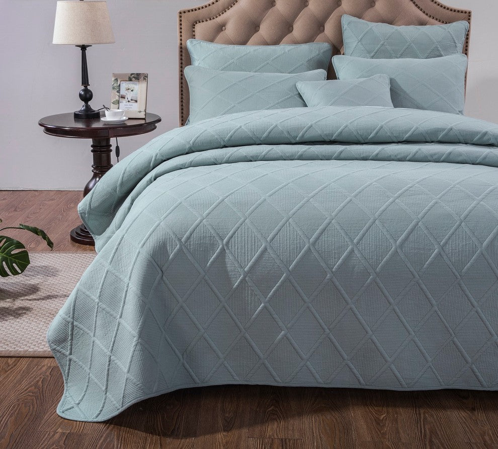 Seafoam Blue Diamond Pastel Cotton Bedspread Set, Queen