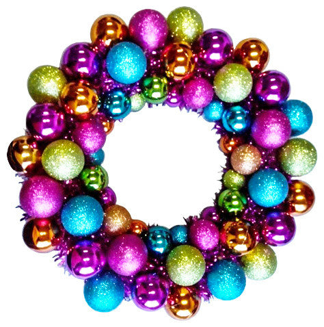 16" Multi-Colored Ball Wreath With Battery Powered Pure White LEDs