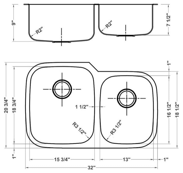 Ruvati RVM4310 Undermount Stainlesss Steel 32" Kitchen Sink Double Bowl