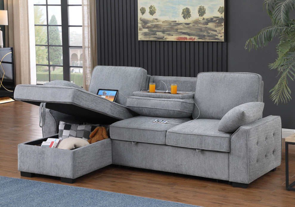 Mackenzie 91" Chenille Reversible Sleeper Sectional, Drop-Down Table, Light Gray