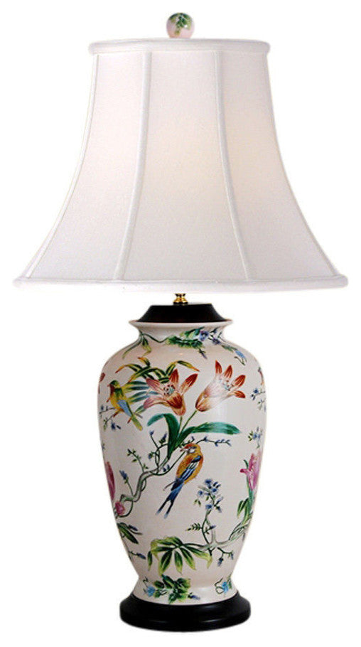 Large Chinese Bird Motif Porcelain Vase Table Lamp 30"