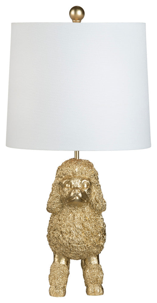 23" Gold Resin Poodle Dog Table Lamp With White Drum Shade