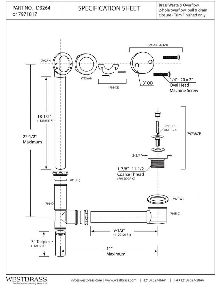 Pull & Drain Bath Waste - 22" Make-Up, 17 Ga. Tubing In Powder Coated Flat Black