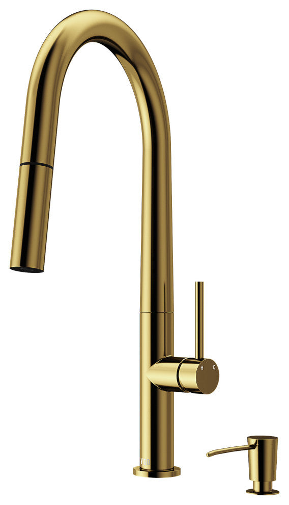 VIGO Greenwich 18" H Single Handle Pull-Down Sprayer Kitchen Faucet, Matte Brushed Gold, No Sensor, With Soap Dispenser